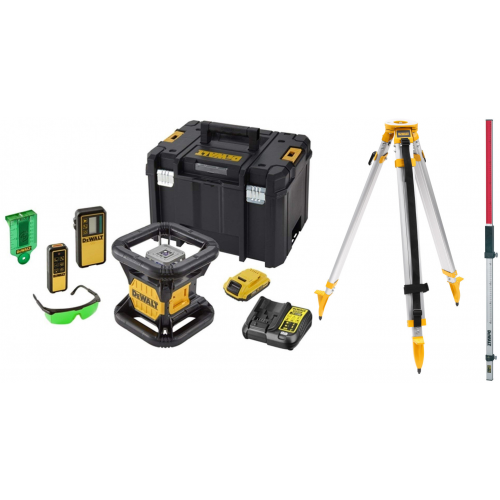 DCE079D1G DeWALT akumuliatorinis rotacinis nivelyras + DE0736 lazerio skalės strypas + stovas