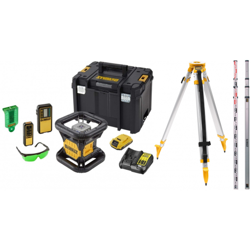 DCE079D1G DeWALT akumuliatorinis rotacinis nivelyras + DE0734 lazerio skalės strypas + stovas