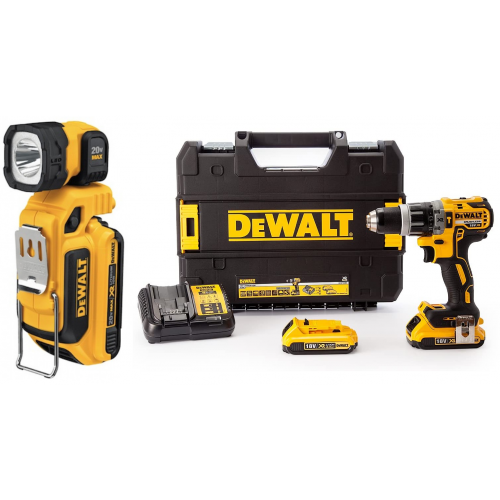 DCD796D2F DeWALT 18 V 2.0 Ah XR Li-Ion akumuliatorinis suktuvas – smūginis gręžtuvas+ DLC044 žibintuvėlis