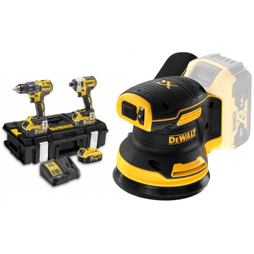 DCK266P3 DeWALT 18V rinkinys DCF887 smūginis suktuvas + DCD796 suktuvas-gręžtuvas + DCW210N 18V 125 mm ekscentrinis šlifuoklis