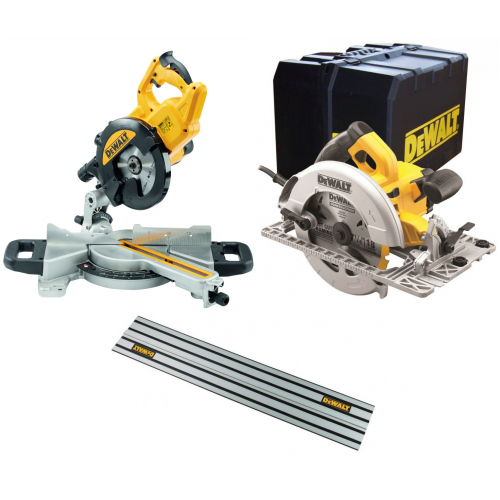 DWS774 DeWALT 216 mm skersavimo pjūklas 1400W + DWE576K diskinis pjūklas + DWS5022 1.5 m kreipančioji liniuotė