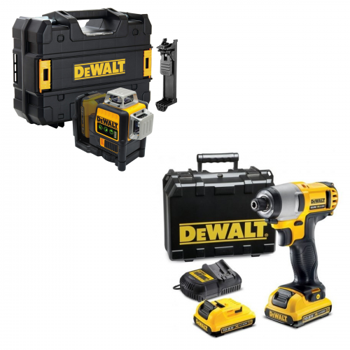 DCF815D2 + DCE089GNT DeWALT 12V kompaktiškas smūginis suktuvas + DCE089GNT DeWALT kryžminių linijų lazeris (2x2.0 Ah)