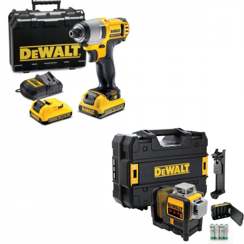 DCF815D2 + DCE089RNT DeWALT 12V kompaktiškas smūginis suktuvas + DCE089RNT DeWALT kryžminių linijų lazeris (2x2.0 Ah)